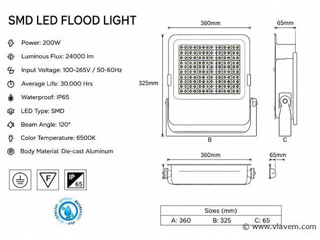 4 x led floodlight 200w – 6400k koud wit - zwart – ip65 – borneo-200 - afbeelding 4 van  5