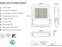 4 x led floodlight 200w – 6400k koud wit - zwart – ip65 – borneo-200 - afbeelding 4 van  5