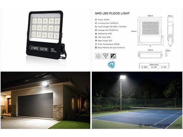 4 x led floodlight 200w – 6400k koud wit - zwart – ip65 – borneo-200 - afbeelding 5 van  5