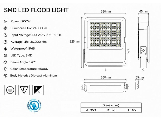 4 x led floodlight 200w – 6400k koud wit - zwart – ip65 – borneo-200 - afbeelding 5 van  6