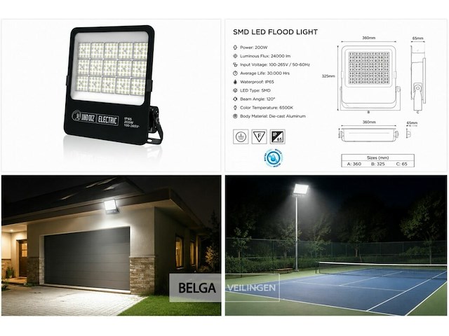 4 x led floodlight 200w – 6400k koud wit - zwart – ip65 – borneo-200 - afbeelding 6 van  6