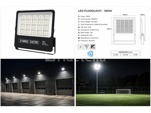4 x led floodlight 300w – 6400k koud wit - zwart – ip65 – borneo-300 - afbeelding 1 van  5
