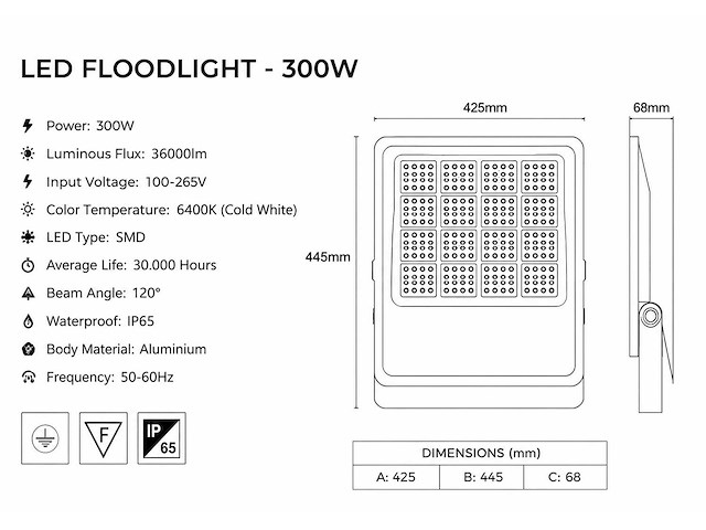 4 x led floodlight 300w – 6400k koud wit - zwart – ip65 – borneo-300 - afbeelding 2 van  3