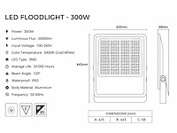 4 x led floodlight 300w – 6400k koud wit - zwart – ip65 – borneo-300 - afbeelding 2 van  3