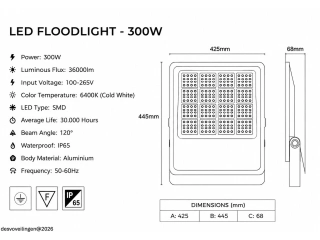 4 x led floodlight 300w – 6400k koud wit - zwart – ip65 – borneo-300 - afbeelding 5 van  6