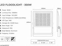 4 x led floodlight 300w – 6400k koud wit - zwart – ip65 – borneo-300 - afbeelding 5 van  6