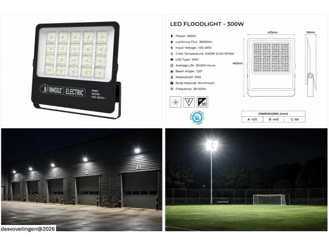 4 x led floodlight 300w – 6400k koud wit - zwart – ip65 – borneo-300 - afbeelding 6 van  6