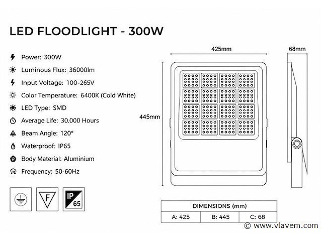 4 x led floodlight 300w – 6400k koud wit - zwart – ip65 – borneo-300 - afbeelding 4 van  5