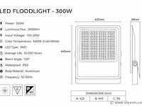 4 x led floodlight 300w – 6400k koud wit - zwart – ip65 – borneo-300 - afbeelding 4 van  5