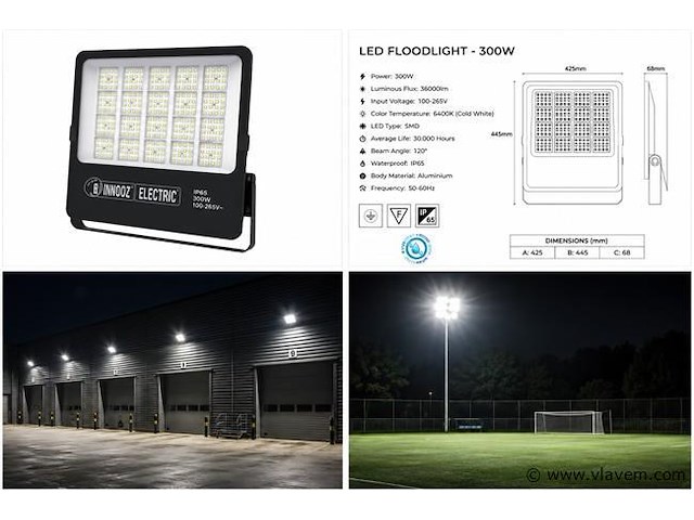 4 x led floodlight 300w – 6400k koud wit - zwart – ip65 – borneo-300 - afbeelding 5 van  5