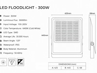 4 x led floodlight 300w – 6400k koud wit - zwart – ip65 – borneo-300 - afbeelding 5 van  6