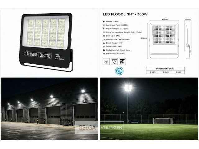 4 x led floodlight 300w – 6400k koud wit - zwart – ip65 – borneo-300 - afbeelding 6 van  6