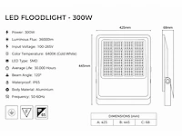 4 x led floodlight 300w – 6400k koud wit - zwart – ip65 – borneo-300 - afbeelding 4 van  5