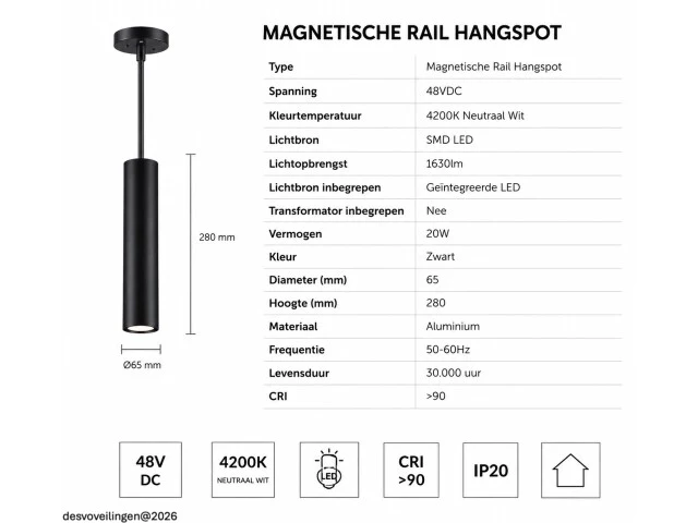 4 x led hangspot voor magnetische rail – 48v – 20w – 3000k warm wit - afbeelding 5 van  6