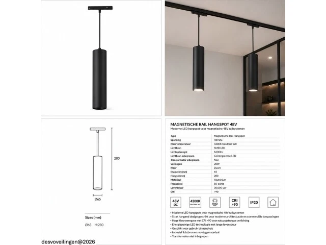 4 x led hangspot voor magnetische rail – 48v – 20w – 3000k warm wit - afbeelding 6 van  6