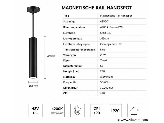 4 x led hangspot voor magnetische rail – 48v – 20w – 3000k warm wit - afbeelding 4 van  5