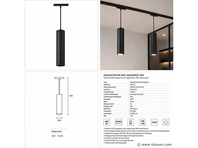 4 x led hangspot voor magnetische rail – 48v – 20w – 3000k warm wit - afbeelding 5 van  5