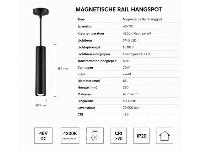 4 x led hangspot voor magnetische rail – 48v – 20w – 3000k warm wit - afbeelding 5 van  6
