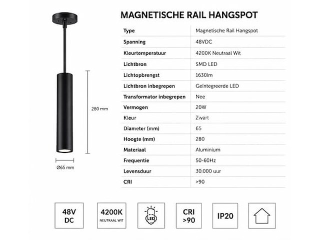 4 x led hangspot voor magnetische rail – 48v – 20w – 4200k neutraal wit - afbeelding 3 van  5