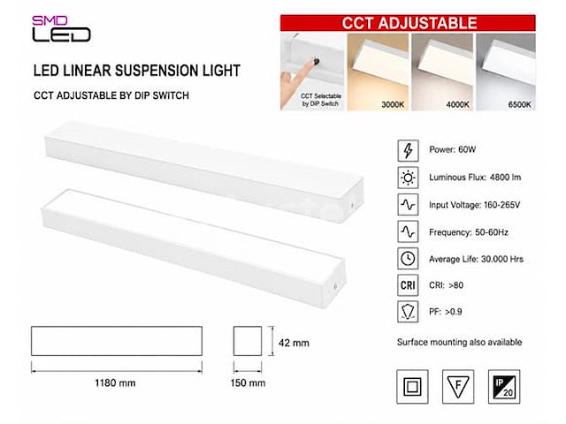 4 x led lineaire hanglamp 60w – 3cct instelbaar - wit – fortis-60 3cct - afbeelding 4 van  5