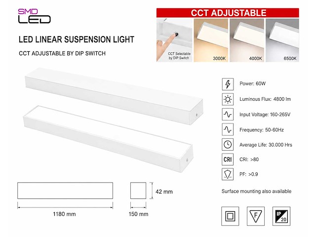 4 x led lineaire hanglamp 60w – 3cct instelbaar - wit – fortis-60 3cct - afbeelding 4 van  5