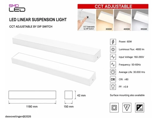 4 x led lineaire hanglamp 60w – 3cct instelbaar - wit – fortis-60 3cct - afbeelding 5 van  6