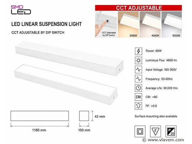 4 x led lineaire hanglamp 60w – 3cct instelbaar - wit – fortis-60 3cct - afbeelding 4 van  5