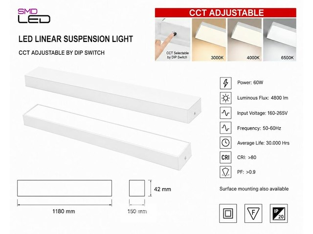 4 x led lineaire hanglamp 60w – 3cct instelbaar - wit – fortis-60 3cct - afbeelding 5 van  6