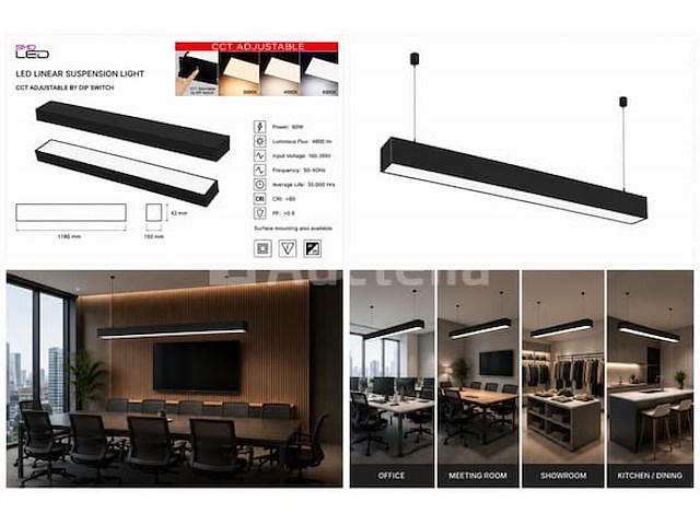4 x led lineaire hanglamp 60w – 3cct instelbaar - zwart – fortis-60 3cct - afbeelding 5 van  5