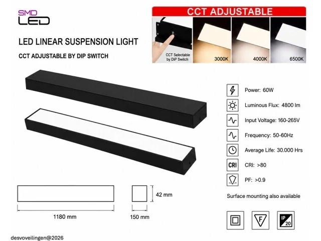 4 x led lineaire hanglamp 60w – 3cct instelbaar - zwart – fortis-60 3cct - afbeelding 5 van  6