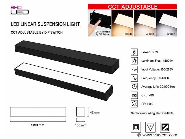 4 x led lineaire hanglamp 60w – 3cct instelbaar - zwart – fortis-60 3cct - afbeelding 4 van  5