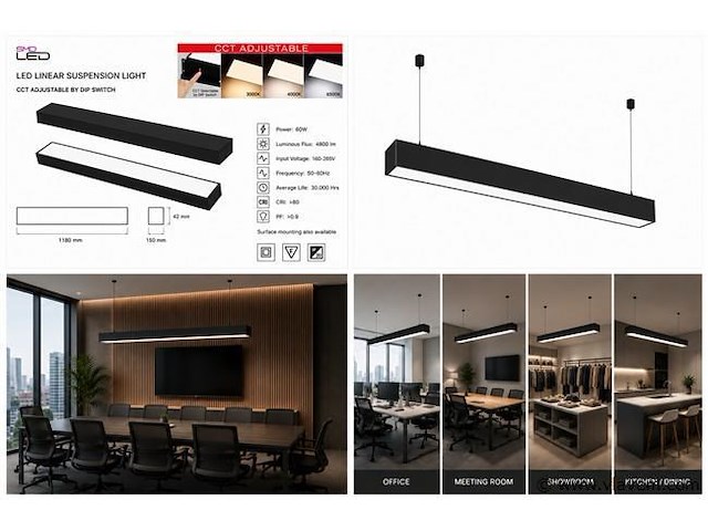 4 x led lineaire hanglamp 60w – 3cct instelbaar - zwart – fortis-60 3cct - afbeelding 5 van  5