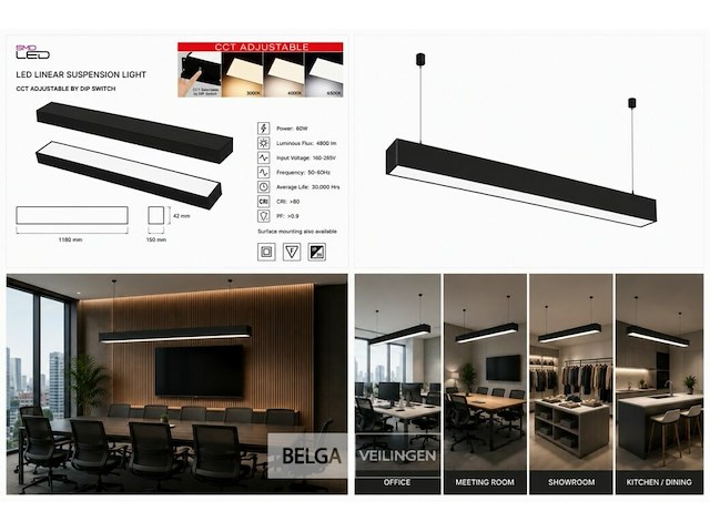 4 x led lineaire hanglamp 60w – 3cct instelbaar - zwart – fortis-60 3cct - afbeelding 6 van  6