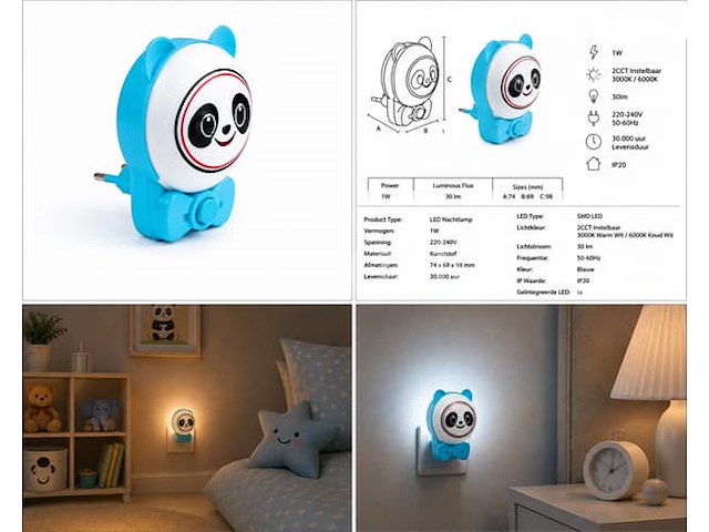 4 x led nachtlamp 1w – 2cct instelbaar - panda design – ip20 – andy 2cct - afbeelding 5 van  5