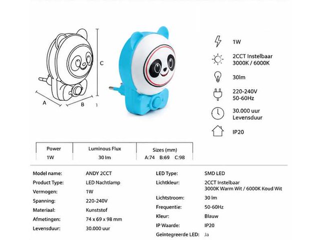 4 x led nachtlamp 1w – 2cct instelbaar - panda design – ip20 – andy 2cct - afbeelding 10 van  15