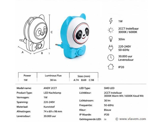 4 x led nachtlamp 1w – 2cct instelbaar - panda design – ip20 – andy 2cct - afbeelding 4 van  5