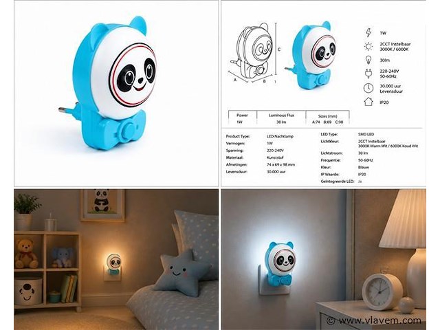 4 x led nachtlamp 1w – 2cct instelbaar - panda design – ip20 – andy 2cct - afbeelding 5 van  5