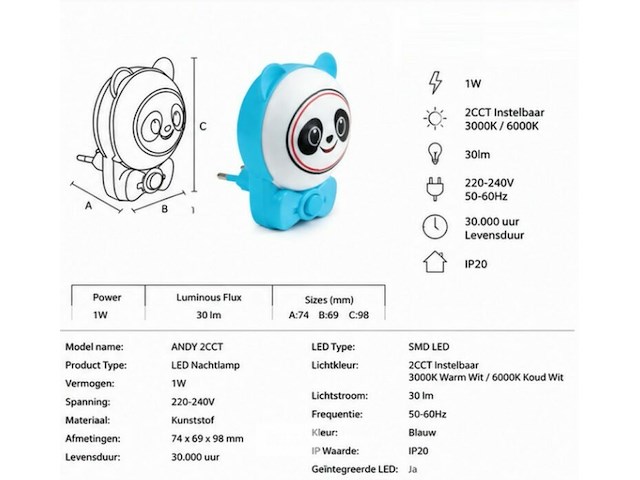 4 x led nachtlamp 1w – 2cct instelbaar - panda design – ip20 – andy 2cct - afbeelding 5 van  6