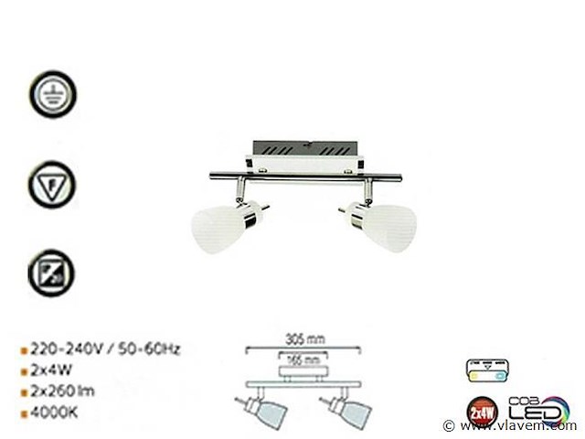 4 x led plafondlamp – 2 spots – 2 x 4w – 4000k neutraal wit – zilver – hl7192l - afbeelding 4 van  4