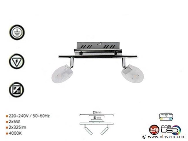 4 x led plafondlamp – 2 spots – 2 x 5w – 4000k neutraal wit – zilver – hl7162l - afbeelding 3 van  4