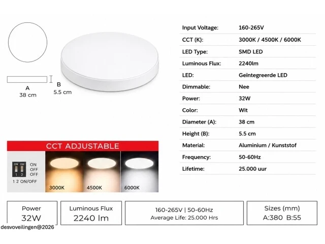 4 x led plafondlamp 32w – 3cct verstelbaar - wit – ip20 – hazel-32 3cct - afbeelding 5 van  6