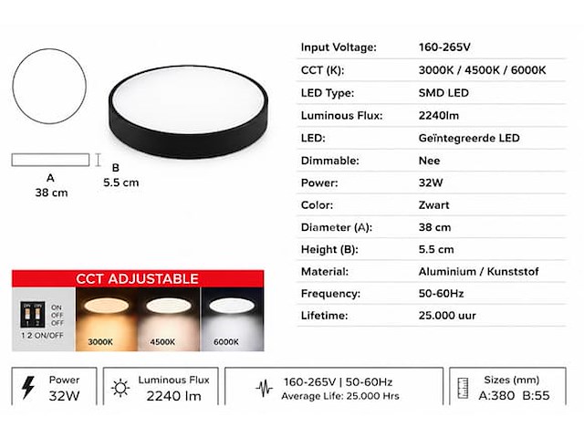 4 x led plafondlamp 32w – 3cct verstelbaar - zwart – ip20 – hazel-32 3cct - afbeelding 1 van  5