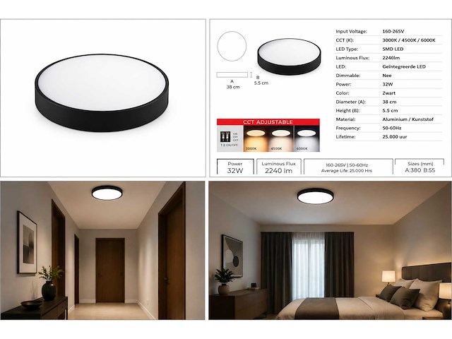 4 x led plafondlamp 32w – 3cct verstelbaar - zwart – ip20 – hazel-32 3cct - afbeelding 5 van  5