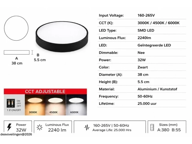 4 x led plafondlamp 32w – 3cct verstelbaar - zwart – ip20 – hazel-32 3cct - afbeelding 5 van  6