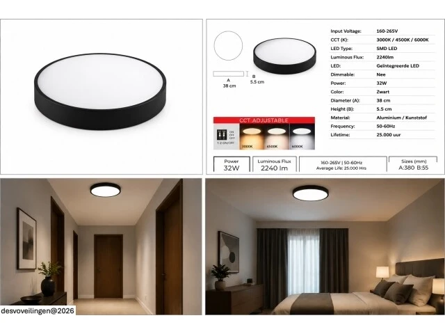 4 x led plafondlamp 32w – 3cct verstelbaar - zwart – ip20 – hazel-32 3cct - afbeelding 6 van  6