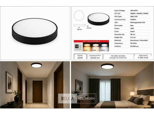4 x led plafondlamp 32w – 3cct verstelbaar - zwart – ip20 – hazel-32 3cct - afbeelding 6 van  6