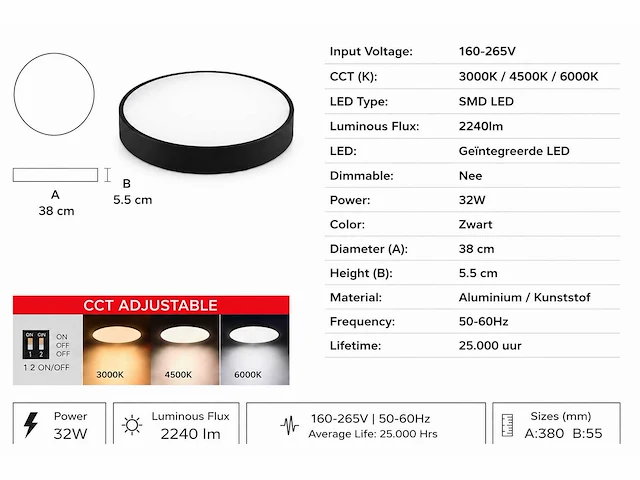 4 x led plafondlamp 32w – 3cct verstelbaar - zwart – ip20 – hazel-32 3cct - afbeelding 4 van  5