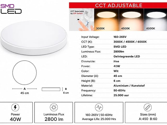 4 x led plafondlamp 40w – 3cct verstelbaar - wit – ip20 – hazel-40 3cct - afbeelding 2 van  5