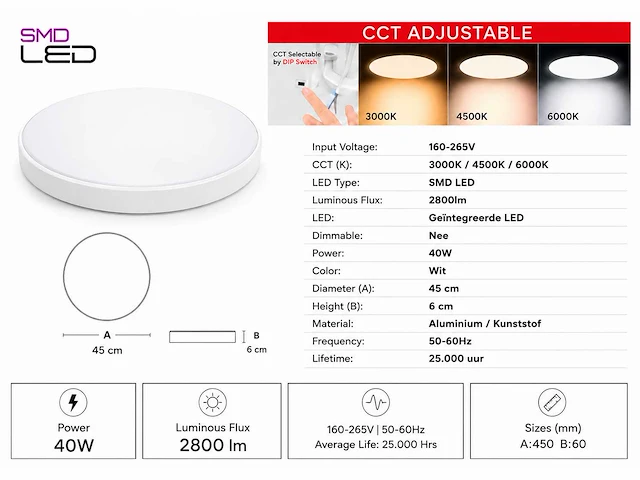 4 x led plafondlamp 40w – 3cct verstelbaar - wit – ip20 – hazel-40 3cct - afbeelding 4 van  5