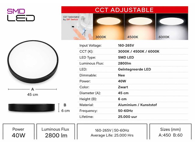 4 x led plafondlamp 40w – 3cct verstelbaar - zwart – ip20 – hazel-40 3cct - afbeelding 4 van  5
